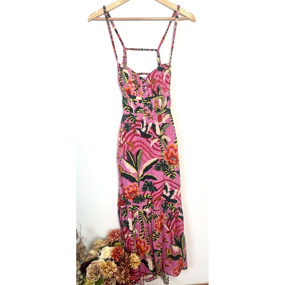 FARM RIO Pink Leopard Forest Midi Dress 100% Cotton Pink Tropical Backless S - Picture 6 of 16